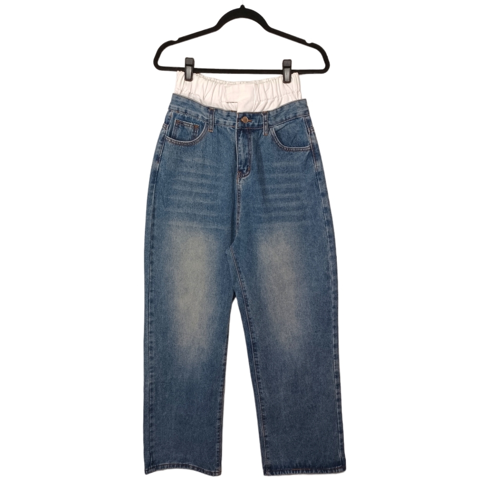 2 Layer Illusion High Waist White and Blue Denim Wide Straight Leg Denim Jeans L